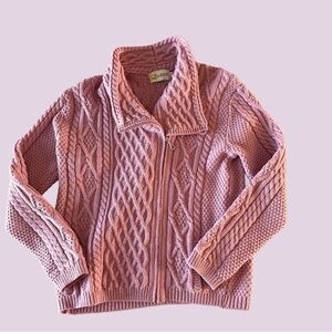 Aran Crafts 100% Merino Wool Pink full zip Cable Knit Cardigan Sweater XL